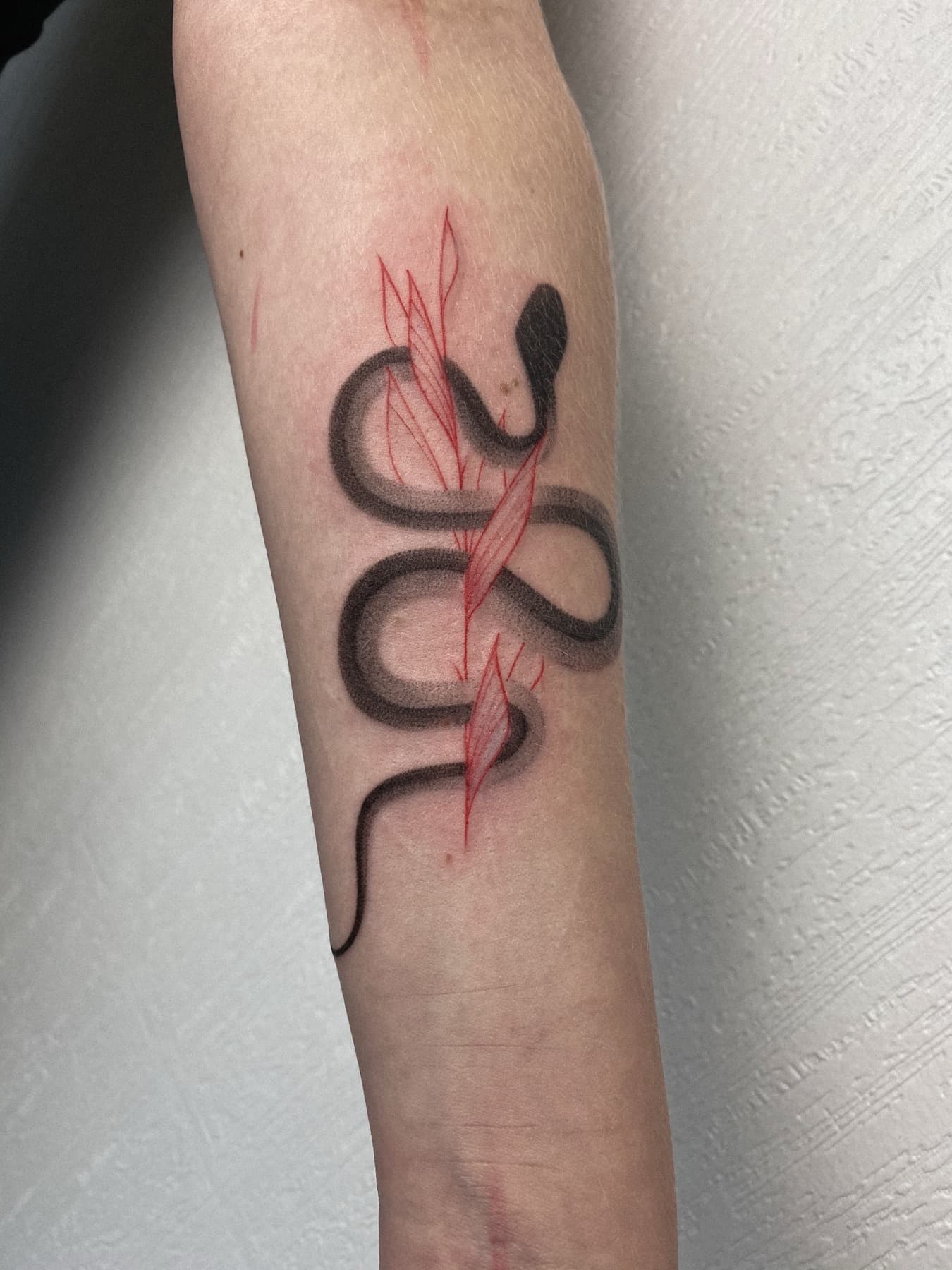 Fine-Line-Schlangen-Tattoo mit roten Blättern