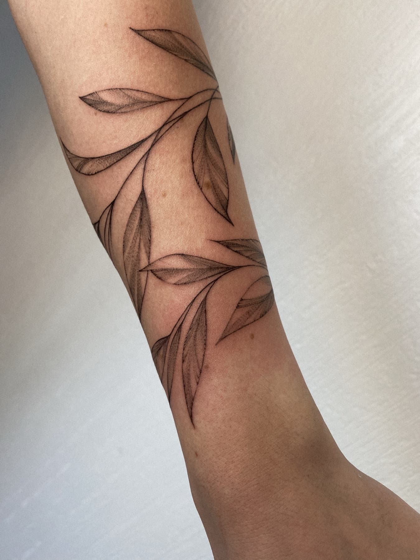 Fine-Line-Blätter-Tattoo um den Unterarm