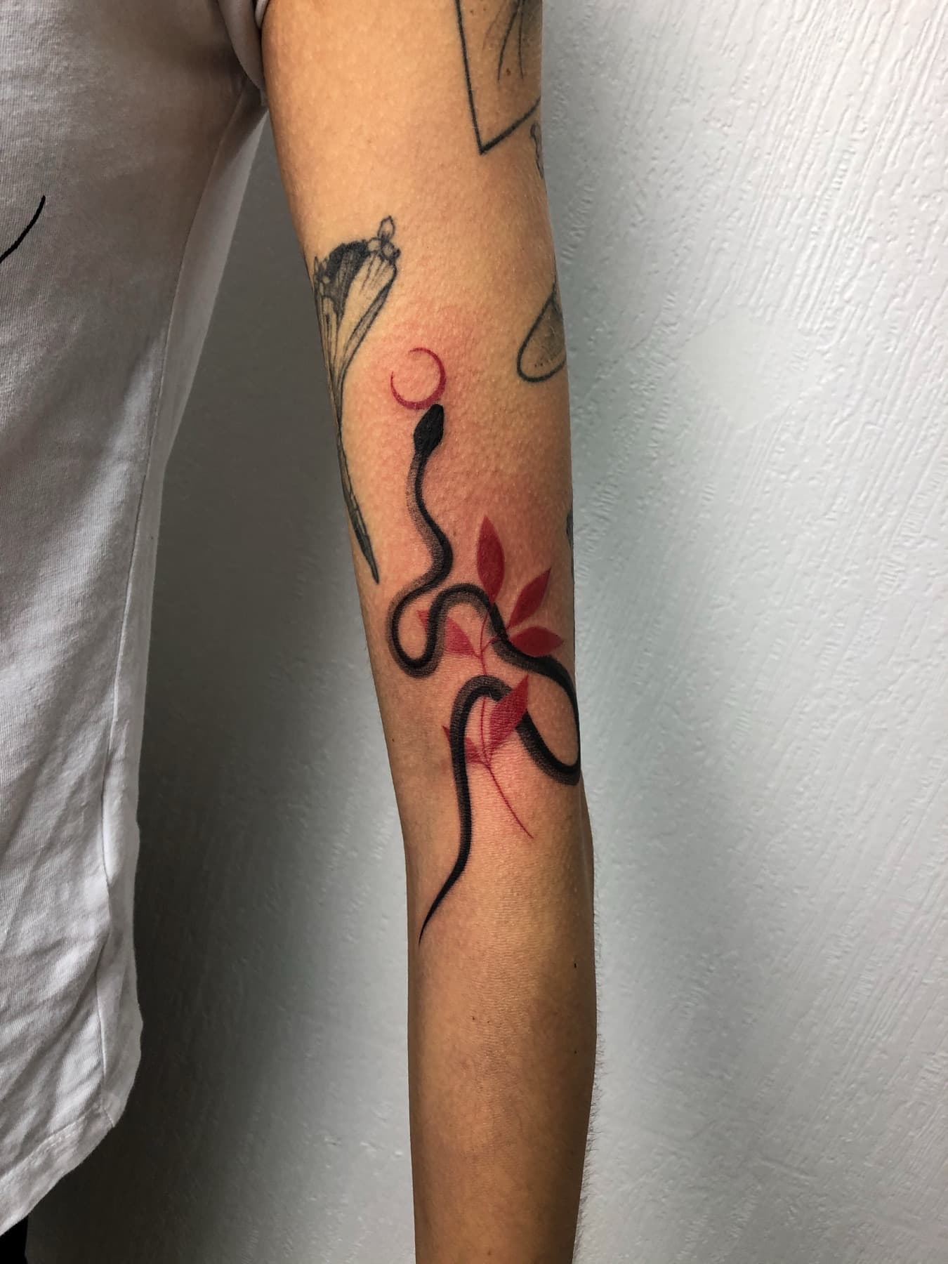 Fine-Line-Schlangen-Tattoo mit roten Akzenten am Unterarm