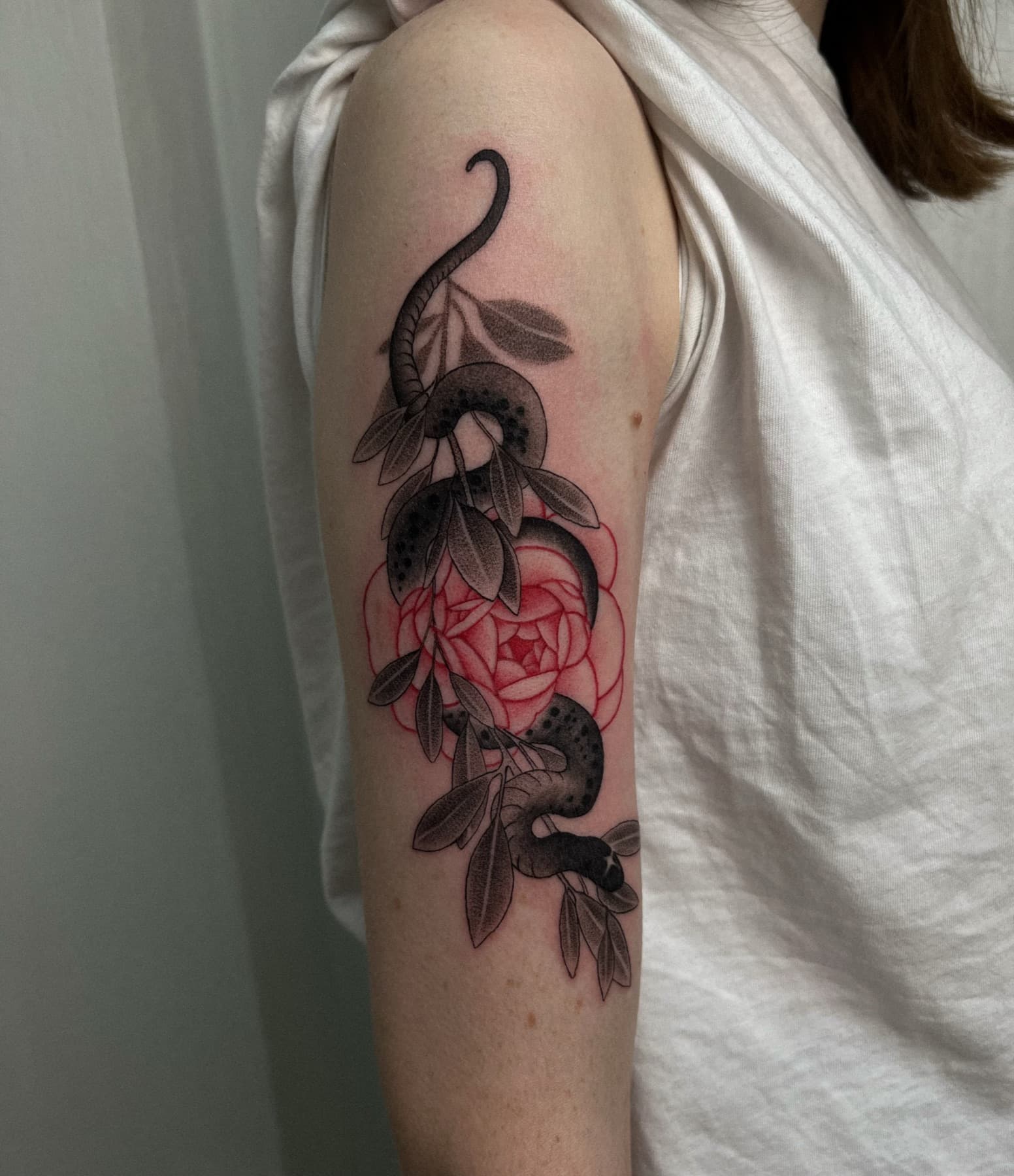 Fine-Line-Schlangen-Tattoo mit Ölzweig und Rose