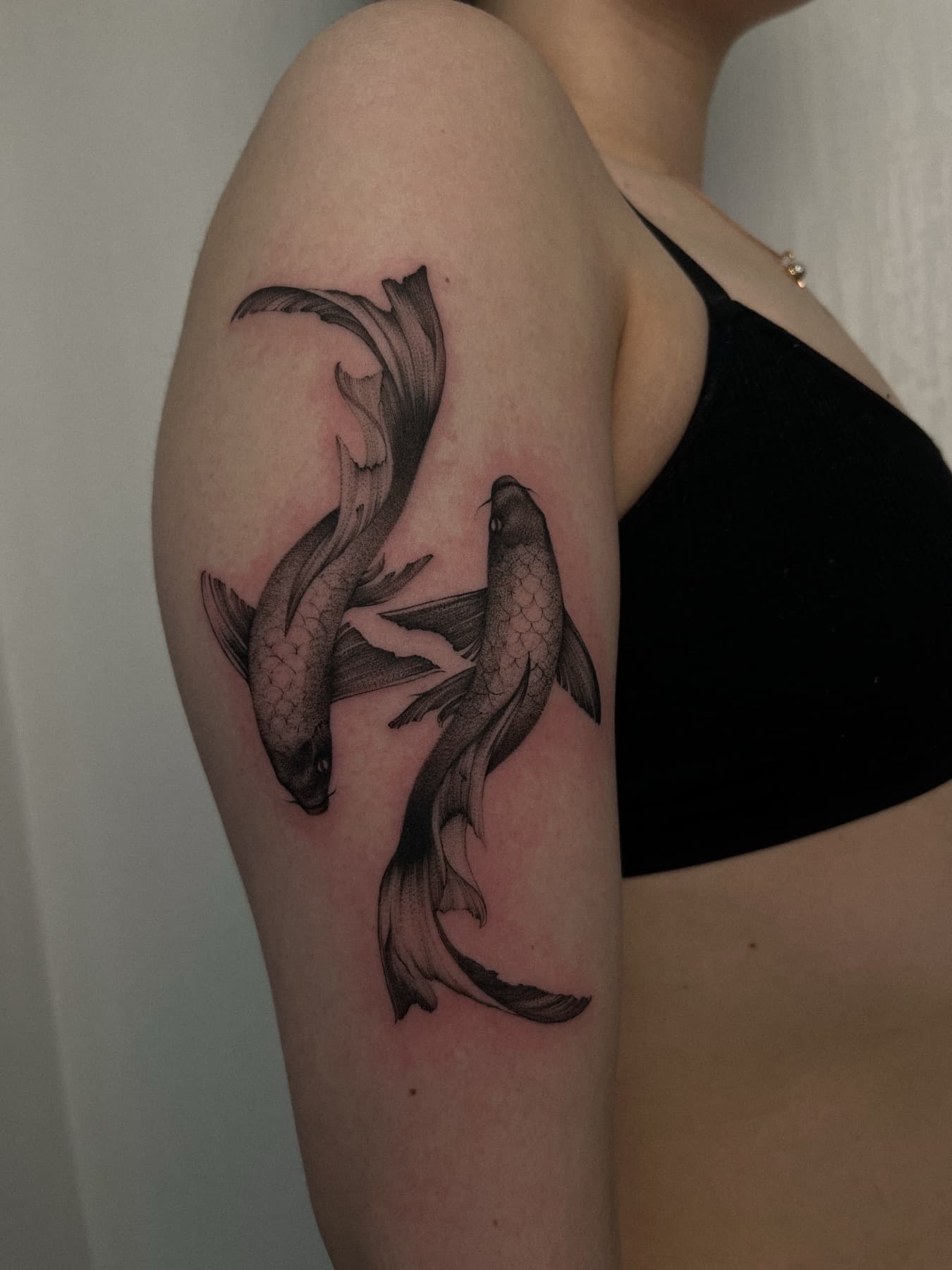 Illustratives Koi-Tattoo am Oberarm